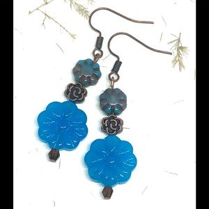 Vintage Capri Blue Milk Glass and Brown Mix Czech Glass Flower Copper Earrings